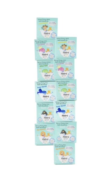 View of a 12 pack of bath bombs for kids stacked up in blue cardboard packaging