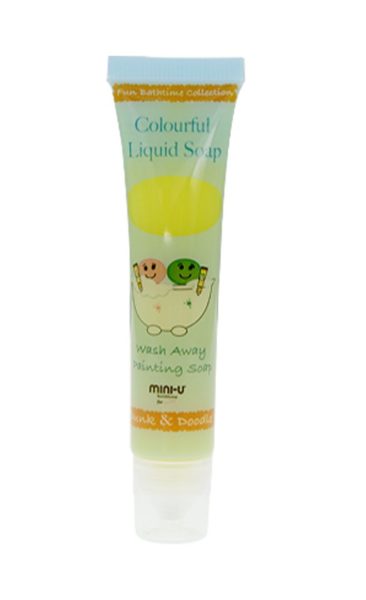 View of single yellow liquid soap for kids in a plastic squeezy tube